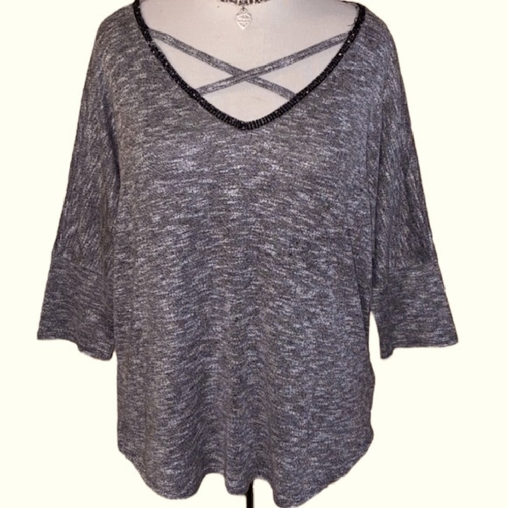 M Juicy Couture‎ Embellished Criss Cross V Neck Lace Up 3/4 Sleeve Shirt Heather